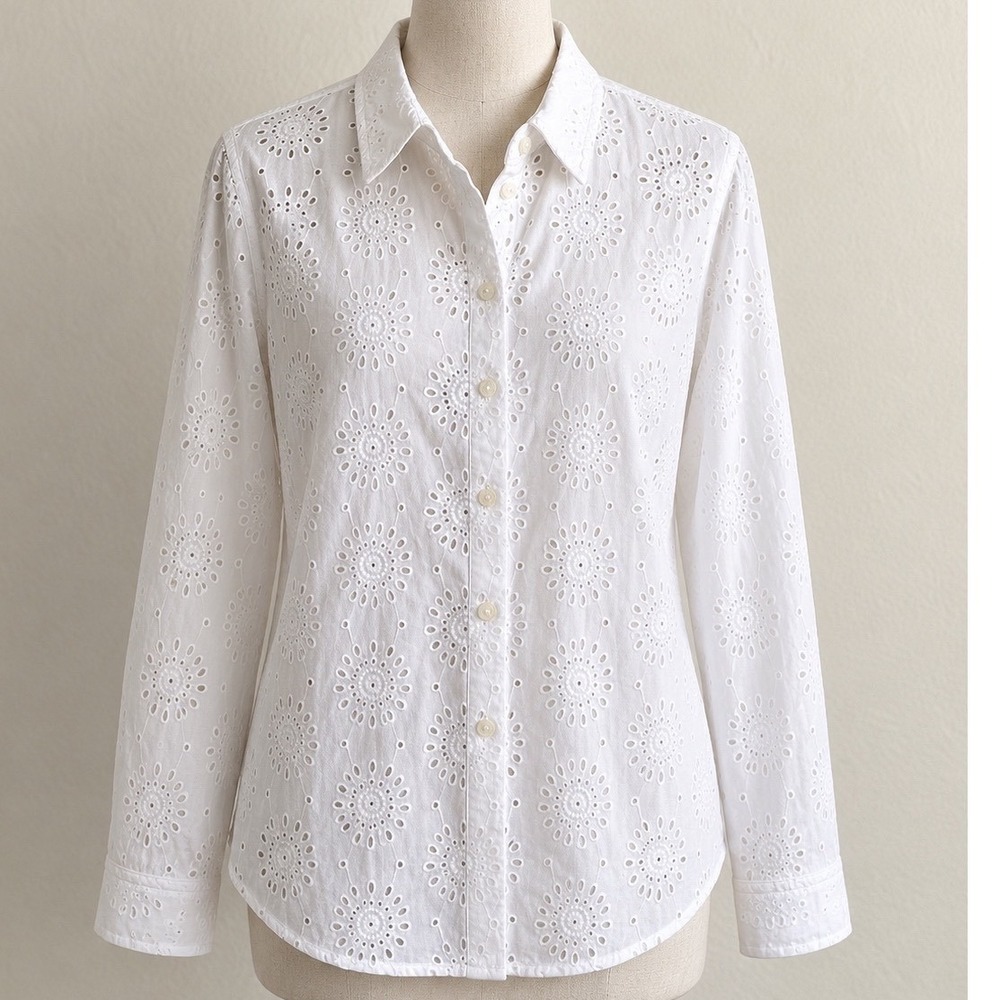 On-34th Womens White Eyelet Cotton Button Down Shirt Long Sleeve Size L